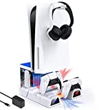 NexiGo PS5 Accessories Cooling Stand with Headset Holder and AC Adapter, for PS5 Disc & Digital Editions Dual Controllers Charger, 3 Levels Adjustable Fans Speed, 10 Game Rack Organizer, White