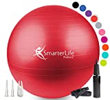 Exercise Ball for Yoga, Balance, Stability - Fitness, Pilates, Birthing, Therapy, Office Ball Chair, Flexible Seating - Anti Burst, Non Slip, PRO Workout Guide by SmarterLife Products (Red, 45 cm)
