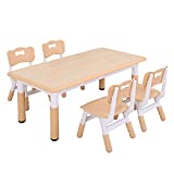 UNICOO - Kids Study Table and Chairs Set, Height Adjustable Plastic Children Art Desk with 4 Seats, Kids Multi Activity Table Set (Kids Table 5 Piece Set - Maple TOP + Natural Border)
