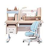 Wood Adjustable Height Kids Study Desk with Chair Drafting Table Computer Station Built-in Bookshelf Hutch Multi Function (Blue, Wood of Fir)