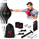 Double End Bag Boxing Set - Double Ended Punching Ball - Double-End Punching Bags with Fully Adjustable Cords - PU Leather Punch Bag with Hand Wraps, Installation Double End Bag Accessories, Carry Bag