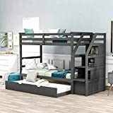 Twin-Over-Twin Bunk Bed with Trundle Bed, Wood Bunk Bed Frame with 3 Storage Stairs and Guard Rail, Space-Saving Design (Grey)