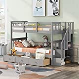 Merax Stairway Bunk Bed with Three Drawers, Storage and Guard Rail for Teens, Adults, Twin Over Twin, Gray
