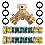 Triumpeek 3/4' Brass 2 Way Hose Splitter, Brass 2 Way Garden Hose Connector with 2 Pcs Garden Hose Coiled Spring Protectors and 6 Rubber Washers