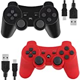 Kolopc Wireless Controller Compatible for PS3 Console, Double Vibration, 6-Axis Gyro Sensor, Upgraded Joystick Motion Gamepad with Charging Cable (Red and Black)