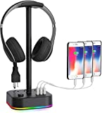 Gamenote RGB Headphone Stand & Power Strip 2 in 1 Desk Gaming Headset Holder with 3 USB Charging Ports and 3 Power Outlets Earphone Hanger Accessories for Desktop Gamer