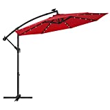 SONGMICS 10 ft Cantilever Patio Umbrella with Solar-Powered LED Lights, Outdoor Offset Umbrella with Base, Pool Garden Deck, Crank for Opening Closing, Water-Repellent, UPF 50+, Red UGPU118R01
