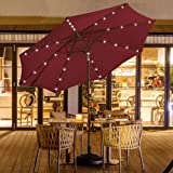 Wikiwiki 10 FT Solar Patio Umbrellas Led Outdoor Table Market Umbrella with 32 Lights Push Button Tilt/Crank,8 Sturdy Ribs, Fade Resistant Waterproof RECYCLED FABRIC Canopy for Garden, Lawn, Deck, Backyard & Pool(Burgundy)