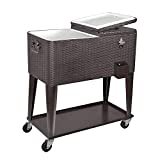 80 Quart Qt Rolling Cooler Ice Chest Cart for Outdoor Patio Deck Party, Dark Brown Wicker Faux Rattan Tub Trolley, Portable Backyard Party Drink Beverage Bar, Wheels with Shelf & Bottle Opener