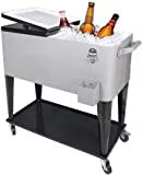 Nattork 80 Quart Rolling Cooler Cart,Portable Wicker Cooler Trolley for Outdoor Patio Deck Party,Beverage Bar Stand Up Cooler with Wheels, Ice Chest with Shelf, Water Pipe and Bottle Opener