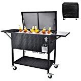 RELAXIXI 80 Quart Rattan Rolling Cooler Cart, Portable Wicker Cooler Trolley, Beverage for Patio Pool Party, Ice Chest with Shelf, Bottle Opener, Cap Catcher, Water Pipe and Cover(Single Top - Black)