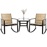 LeveLeve 3pcs Patio Rocking Chair Outdoor Furniture Porch Chairs Conversation Sets 2 Chairs, with Tempered-Glass Coffee Table (Textilene Brown)