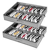 Under Bed Shoe Storage Organizer Set of 2, Fits 32 Pairs, Underbed Shoe Box Storage Containers Adjustable Dividers w/ Bottom Support Velcro, Clear Foldable Shoes Storage w/ Reinforced Handles