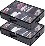 Under Bed Shoe Storage Organizer for Closet Fits 24 Pairs - Sturdy Underbed Shoe Container Box Bedding Storage with Clear Cover Set of 2 Black with Printing