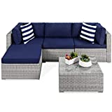 Best Choice Products 5-Piece Modular Outdoor Sofa Conversation Furniture Set, Patio Wicker Sectional for Backyard, Garden w/ 3 Chairs, Ottoman Chair, 2 Pillows, 6 Seat Clips, Coffee Table - Gray/Navy