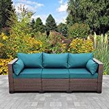 Patio PE Wicker Couch - 3-Seat Outdoor Brown Rattan Sofa Seating Furniture with Non-Slip Peacock Blue Cushion