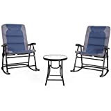 Giantex 3 PCS Folding Bistro Set Outdoor Patio Rocking Chairs Round Table Set 2 Rocking Chairs w/Glass Coffee Table for Yard, Patio, Deck, Backyard Padded Seat (Blue & Gray)