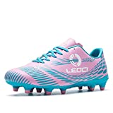 LEOCI Men's Women's Firm Ground Soccer Cleats Outdoor/Indoor Boys Girls Professional Futsal Football Training Sneakers (9.5 M US Women/9 M US Men, Pink)