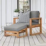 Walker Edison Sorrento Modern Acacia Wood Outdoor Side Chair and Ottoman Set with Cushions, 32 Inch, Brown