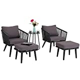 PHI VILLA 5-Piece Patio Sofa Set All-Weather Weave Outdoor Furniture Wicker Lounge Chair & Ottoman Lawn Conversation Set w/Steel Coffee Side Table