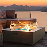COSIEST Outdoor Propane Square Fire Pit Table, Celadon Faux Stone 35-inch Planter Base, 50,000 BTU Stainless Steel Burner, Aqua Blue Fire Glass and Rain Cover, Metal Lid