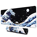 XXL Large Gaming Laptop Mouse Pad, Sea Wave Big Desk Pads PC Keyboard Waterproof and Non-Slip 31.06 x 11.8inches 3mm Thick Rubber Table Mat, Kanagawa Surfing and Black