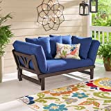 Outdoor Convertible Sofa Daybed Futon Deep Seating Adjustable Wood Patio Furniture with Blue Cushions