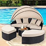 Walsunny Patio Furniture Outdoor Lawn Backyard Poolside Garden Round Daybed with Retractable Canopy Wicker Rattan, Seating Separates Cushioned Seats