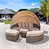 Incbruce Patio Furniture Outdoor Daybed with Retractable Canopy, Wicker Outdoor Sectional Furniture Patio Round Daybed, All-Weather Seating Separates Cushioned Seats for Patio Backyard Pool (Brown)