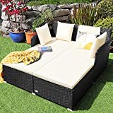 Happygrill Outdoor Daybed Rattan Wicker Patio Daybed with Padded Cushions Pillows and Sturdy Aluminum Foot, Patio Sofa Furniture Set for Garden Porch Poolside