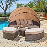 CrownLand Outdoor Patio Canopy Bed Round Daybed with Washable Cushions, Clamshell Sectional Seating Wicker Furniture with Retractable Canopy Furniture for Backyard, Porch, Pool Round Bed (Brown)