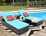 Furnimy 3 PCS Outdoor Patio Chaise Lounge Chair Set PE Rattan Wicker for Poolside Porch Backyard, 2 Lounge Chairs with Patio Chaise Lounge Cushions and Tempered Glass Top Coffee Table