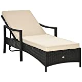 Outsunny Wicker Chaise Lounge with Wheels, 4 Position Adjustable Backrest and Cushions Outdoor Lounge Chair PE Rattan Sun Lounger for Poolside, Balcony or Garden, Beige