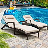 HOMREST Chaise Lounge Chairs Set of 2 for Outside, Adjustable 5 Position Outdoor PE Rattan Wicker Patio Pool Lounge Chair with Arm, Cushion, Pillow and Wheels for Poolside Backyard Deck Porch Garden