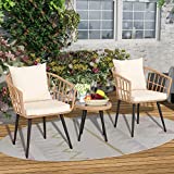HTTH 3 Pieces Patio Conversation Bistro Set, Outdoor All Weather Woven Rope Table Set, Tan Wicker Chat Set with Cushions, Patio Furniture Sets for Balcony, Garden