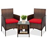 Best Choice Products 3-Piece Outdoor Wicker Conversation Bistro Set, Space Saving Patio Furniture for Yard, Garden w/ 2 Chairs, 2 Cushions, Side Storage Table - Brown/Red