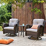 HAPLIFE 3 Pieces Patio Bistro Set Wicker Swivel Chairs with Side Table Rattan Outdoor Furniture Rocking Chair Set (Dark Brown)
