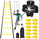 Pro Speed Agility Training Kit—Includes 12 Rung 20ft Adjustable Agility Ladder with Carrying Bag, 12 Disc Cones, 4 Steel Stakes, 1 Resistance Parachute, Use Equipment to Improve Footwork Any Sport