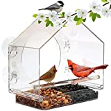 Window Bird House Feeder by Nature Anywhere for Wild Birds with Sliding Seed Holder and 4 Extra Strong Suction Cups. Large Bird feeders for Outside. Birdhouse Shape.