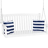 Best Choice Products 48in 3-Seater Hanging Porch Swing Acacia Wood Curved Back Bench Outdoor Patio Conversation Furniture for Yard, Patio, Deck w/Mounting Chains – White