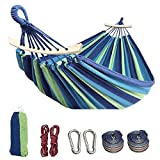 Colel Double Hammock, 2 Person Cotton Canvas Hammock 450lbs Portable Camping Hammock with Carrying Bag Two Anti Roll Balance Beam Metal Carabiner Ropes and Tree Straps for Travel Patio Garden (Blue)