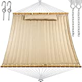 Y- STOP 13.2FT Hammock with Pillow, Quilted Fabric Hammock with Chains and Hooks for Outdoor, Indoor, Double Solid Wood, for Two Person, Max 440 Lbs, Beige (Linen Beige)