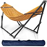 Tranquillo Universal Collapsible Hammock Stand Electro Static Coated Steel, Adjustable Hammock Stand with 2 Layered Polyester Net and Carry Bag, Foldable Hammock Stand for 2 Persons, 550 lbs, Yellow