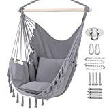 Y- STOP Hammock Chair Hanging Rope Swing, Max 330 Lbs, 2 Cushions Included-Large Macrame Hanging Chair with Pocket for Superior Comfort,Durability (Light Grey)