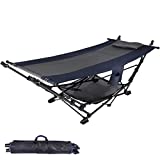 Lineslife Portable Hammock with Stand, Collapsible Foldable Hammock Includes Removable Pillow, Storage Net, Side Pocket with Cup Holder for Camping Beach Patio Travel