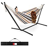 Best Choice Products 2-Person Double Hammock with Stand Set, Indoor Outdoor Brazilian-Style Cotton Bed for Backyard, Camping, Patio w/Carrying Bag, Steel Stand, 450lb Weight Capacity - Desert Stripes