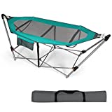 GYMAX Hammock with Stand Included, Camping Hammock with Carrying Bag & Storage Pocket, Portable Heavy Duty Self Standing Hammock, Indoor/Outdoor Hammock Chair for Patio Beach Yard Garden (Turquoise)