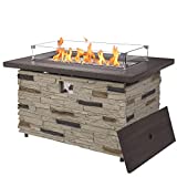 PIZZELLO 43' Propane Fire Pit Table Outdoor Rectangular Stone Firepit Table 50000 Btu Propane Fire Tables for Outside Patio with Glass Wind Guard, Lid, Fire Glass Beads (Buff)