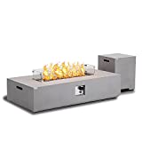 Essential Lounger 56 Inch Firepit Table for Outside, 50,000 BTU Large Rectangular Concrete Outdoor Firepit Tables with Propane Tank Cover,Wind Guard,Waterproof Cover,Lava Rocks,Side Handles - Grey