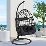 Action club Egg Chair with Stand Indoor Outdoor Patio Wicker Hanging Swing Chair with Tufted Cushion Hammock Porch Chaise Lounge Chair Steel Frame